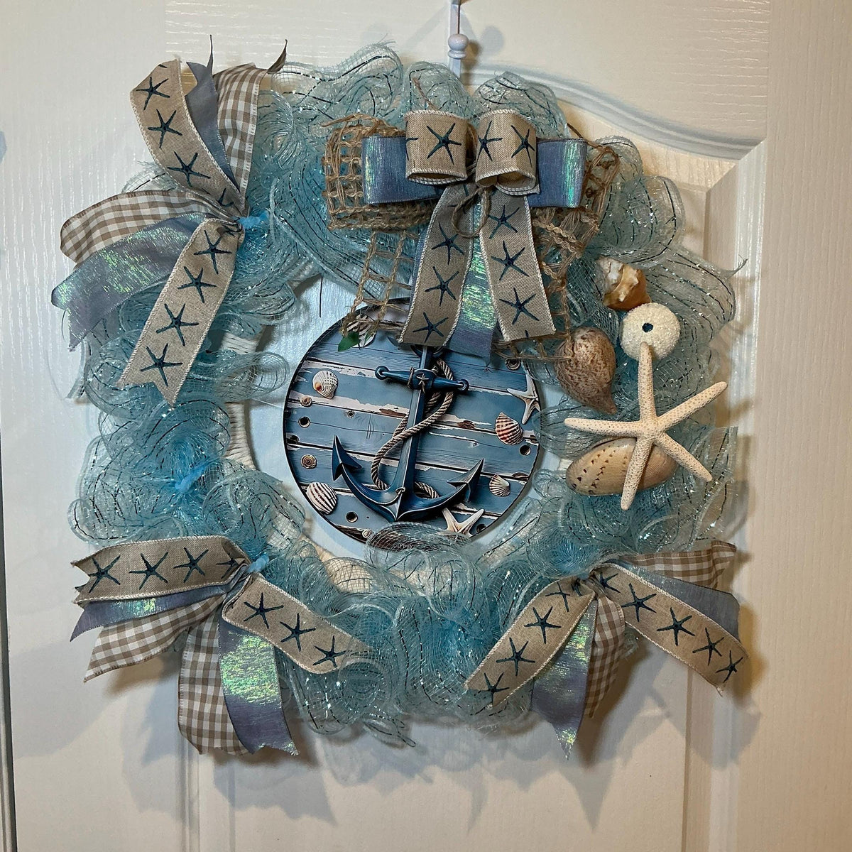 Ocean Blue Coastal Seashell Wreath with Starfish and Rope, Summer Front Door Decor