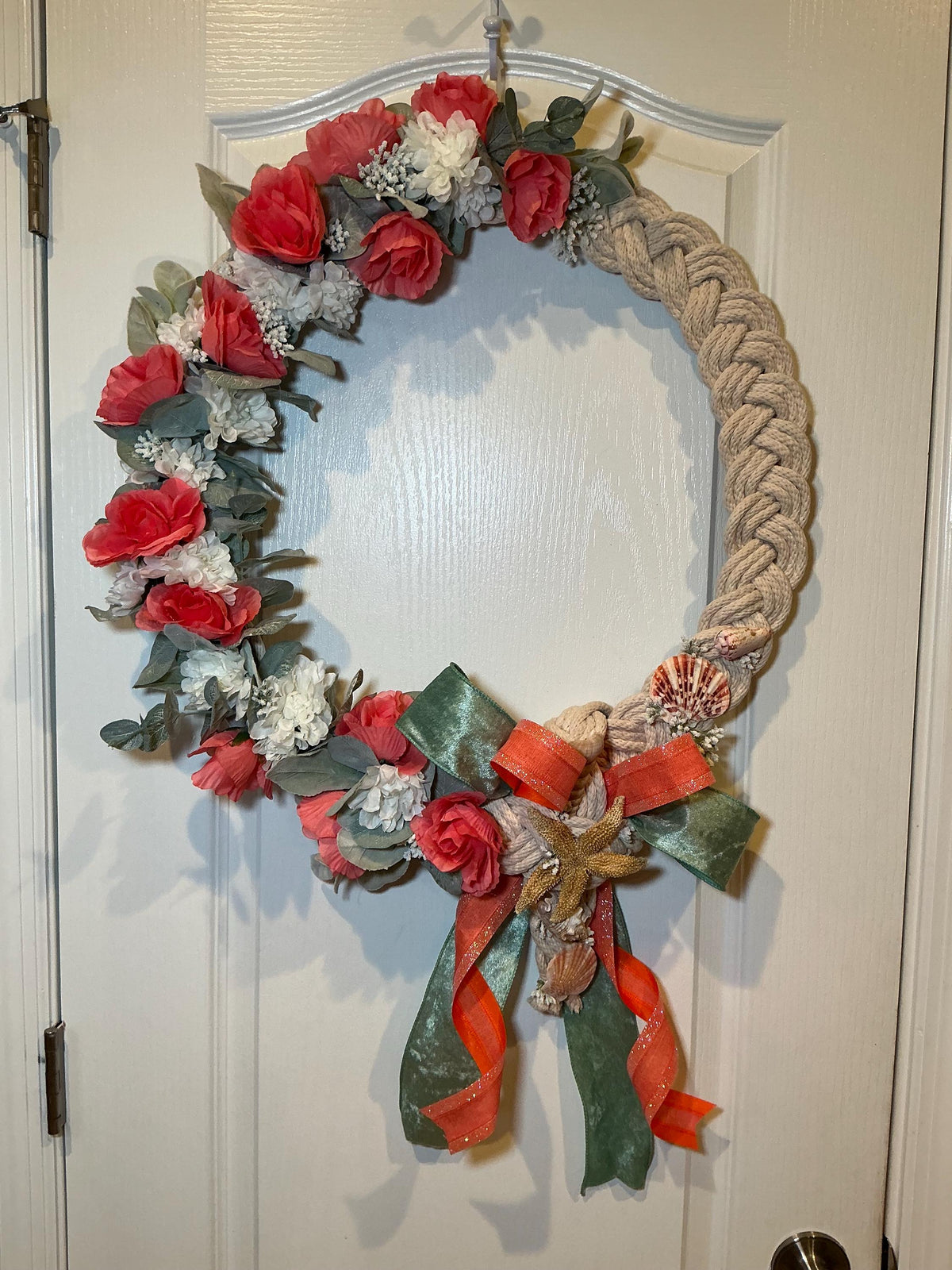 Handmade Coral Rose Coastal Wreath, Rope Nautical Beach Decor, Seashell Starfish Front Door Wreath