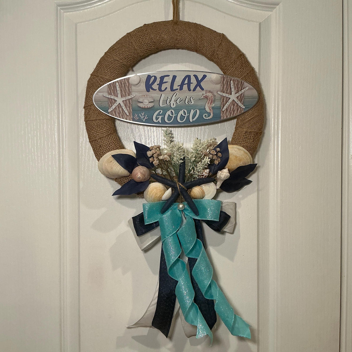 Coastal Starfish Wreath with Relax Life Is Good Sign, Nautical Lake House Door Decor
