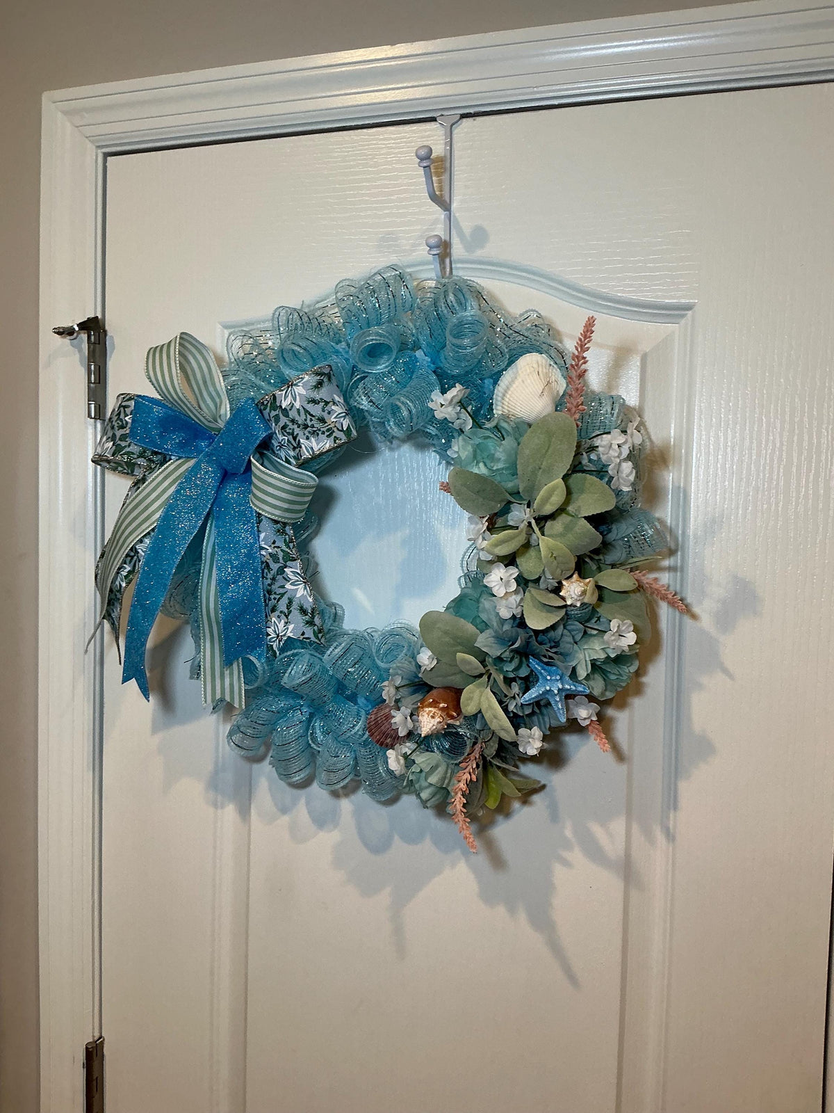 14 Inch Coastal Seashell Wreath for Storm Door with Blue Starfish and Teal Hydrangeas