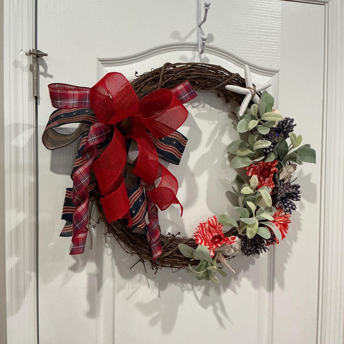 Grapevine Wreath, Patriotic Coastal Beach Decor, Seashells, Red Plaid Bow