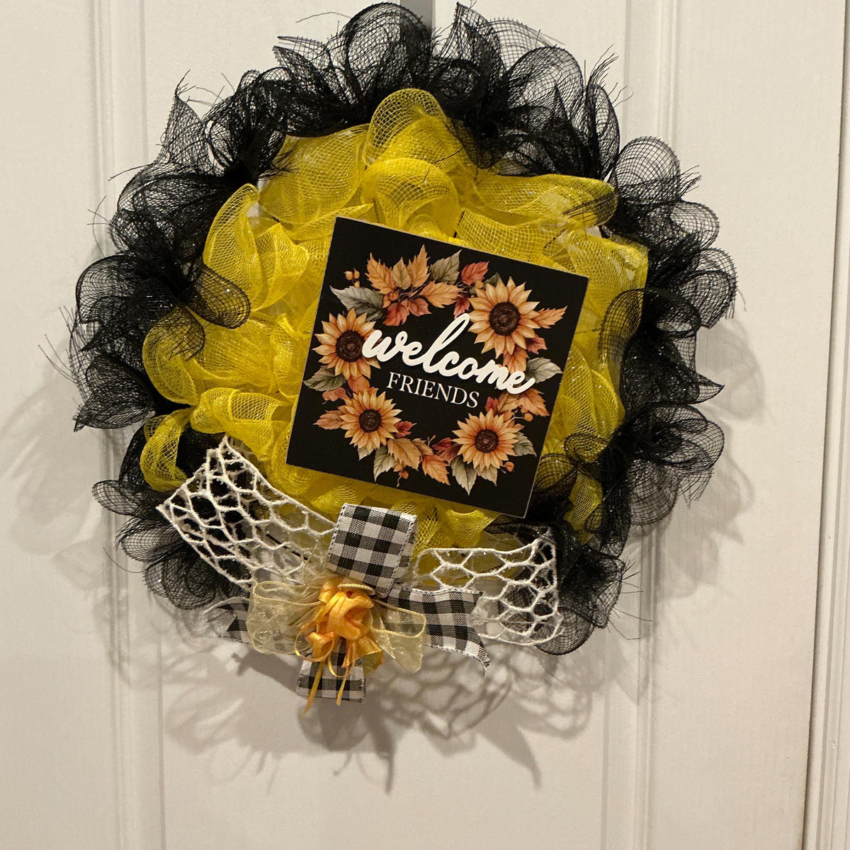Sunflower Wreath, Black Yellow Buffalo Check, Summer Fall Door Decor