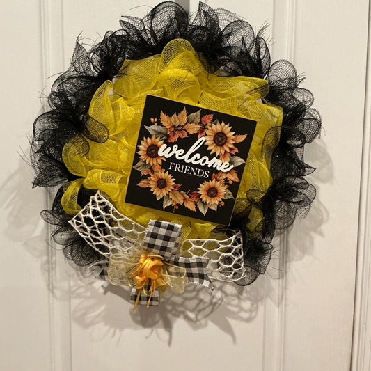 Sunflower Wreath, Black Yellow Buffalo Check, Summer Fall Door Decor