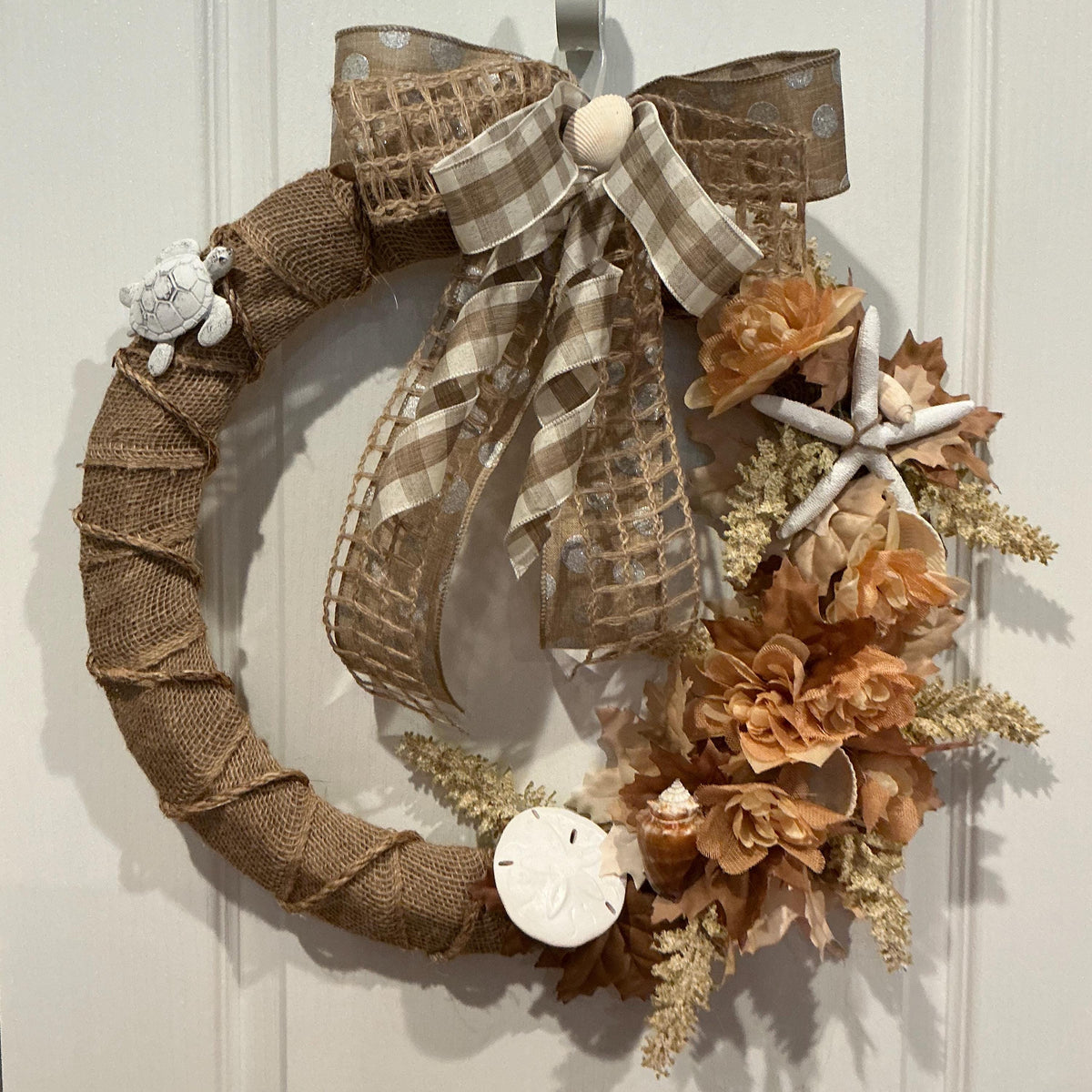 Coastal Burlap Wreath, 18 Inch Starfish Sand Dollar and Sea Turtle Door Decor