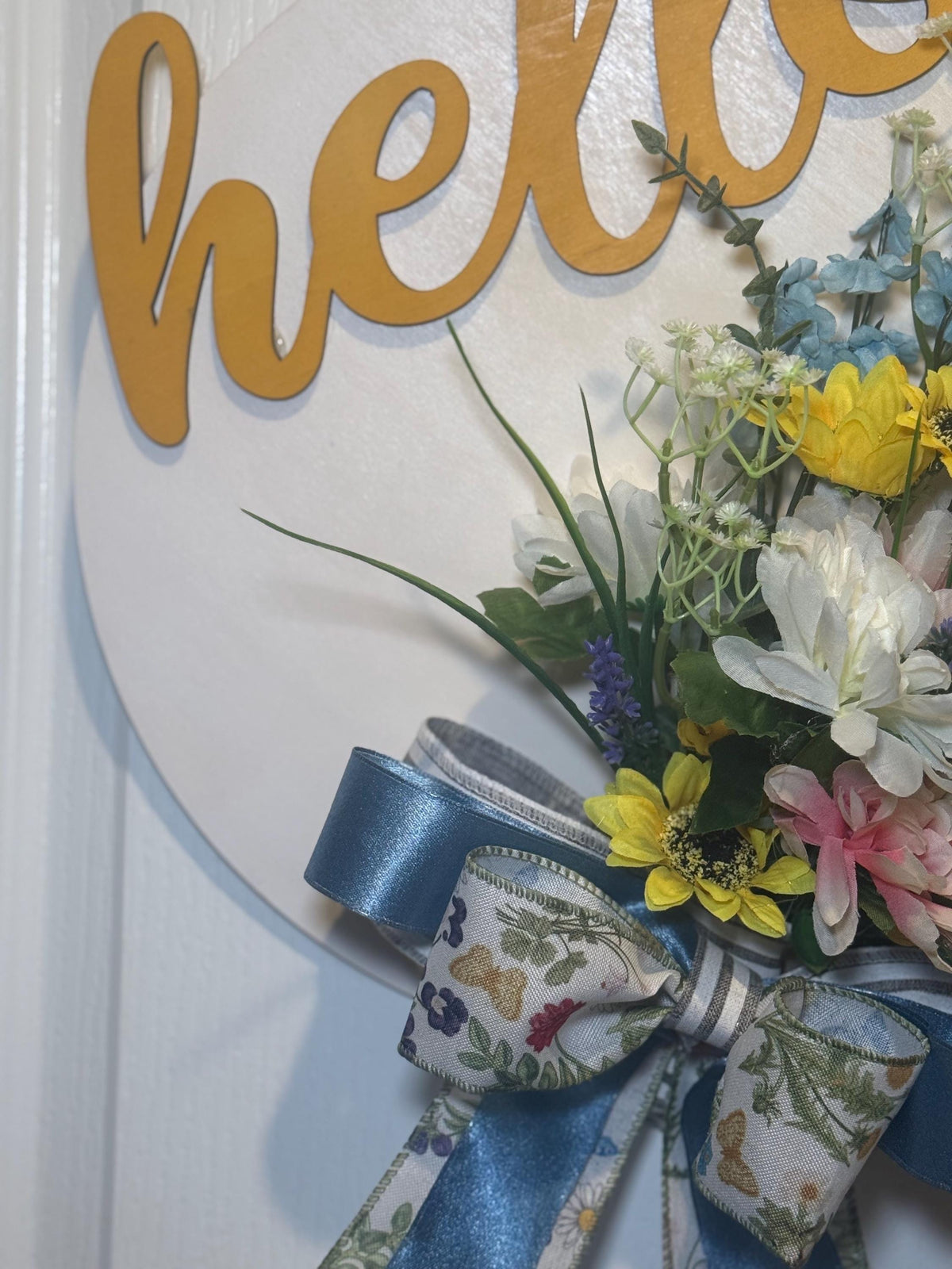 Blue Yellow White Hello Spring Floral Wreath with Handmade Bow, Front Door Decor
