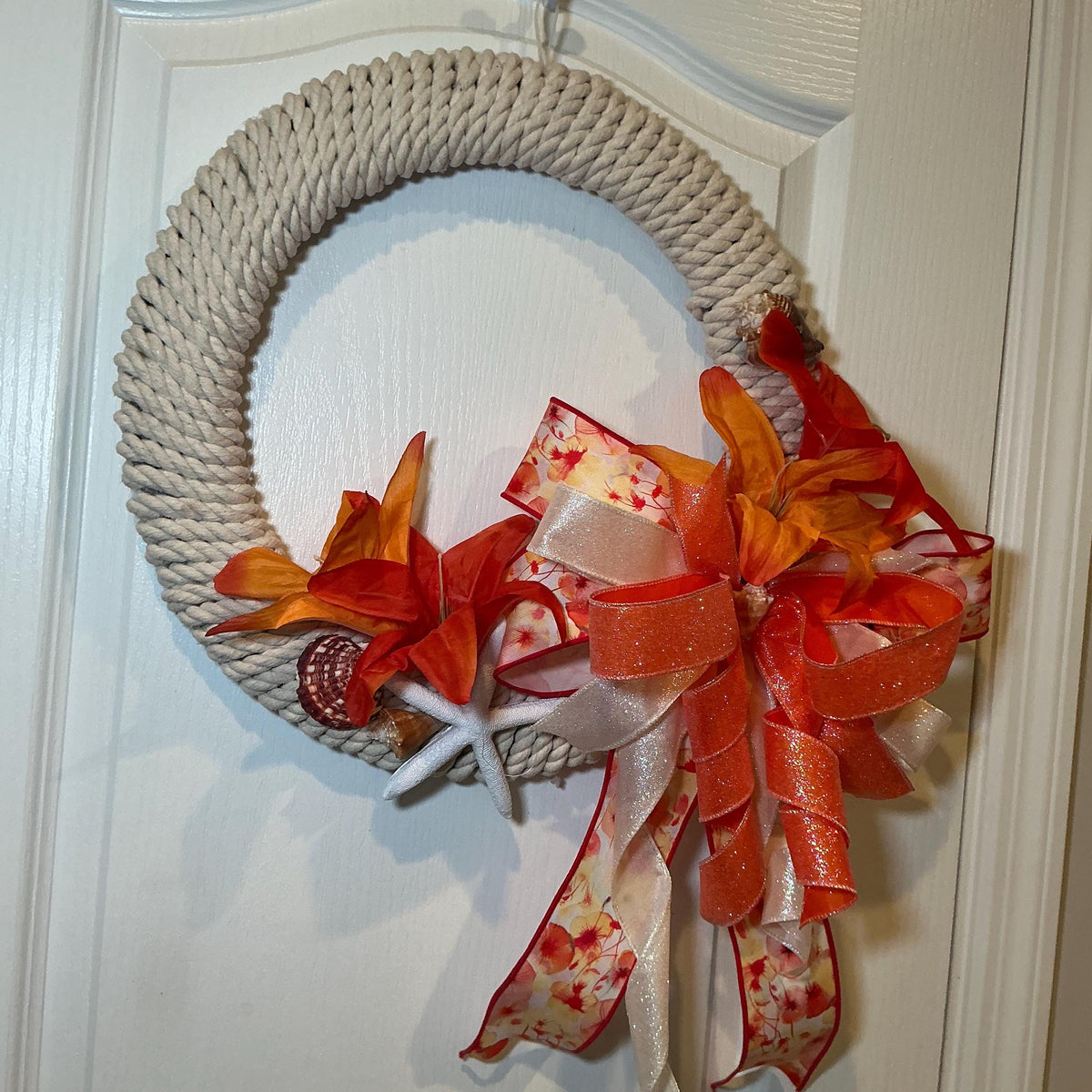 Tropical Orange Coastal Wreath, Rope Starfish Beach Decor, Seashell Nautical Front Door Wreath, Lake House Housewarming Gift, Handmade Summe