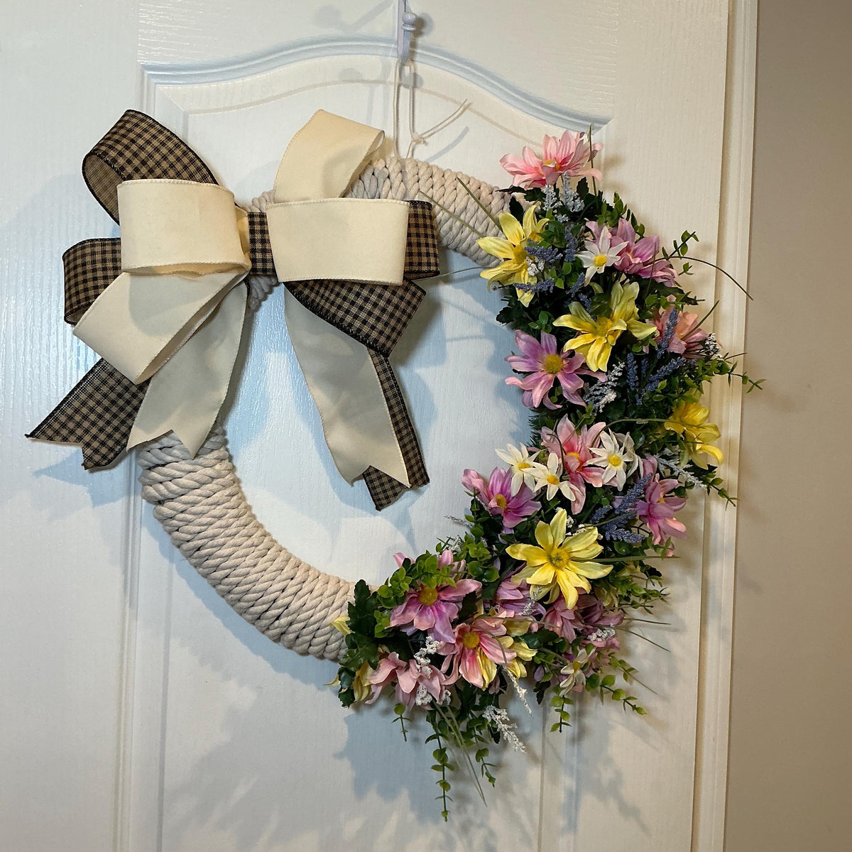 Wildflower Rope Wreath, 18 Inch Daisies Pink Lilies and Buffalo Check Bow