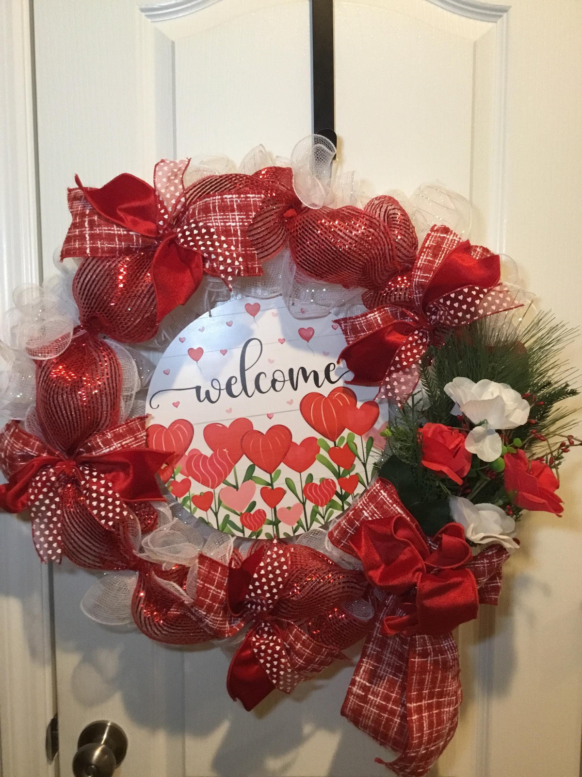 Valentine’s Day Wreath, Red Deco Mesh Heart Door Decor, Welcome Valentine Front Door Hanging