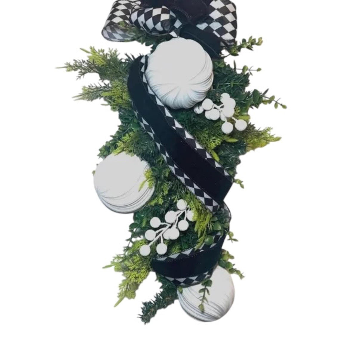 Farmhouse Door Swag, Black White Checkered Ribbon, White Orb Greenery, All Season Decor