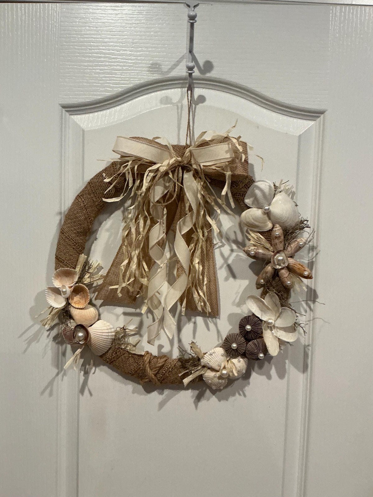 Seashell Wreath, Coastal Farmhouse Style, Pearl Accents, Burlap Raffia Door Decor