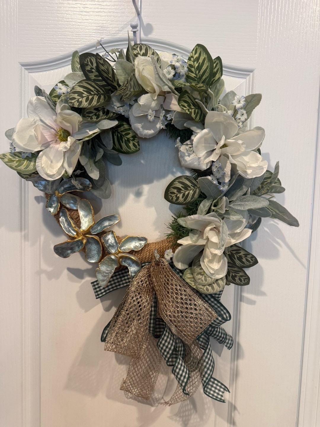 White Magnolia Wreath, Green Gingham Bow, Year-Round Farmhouse Door Decor