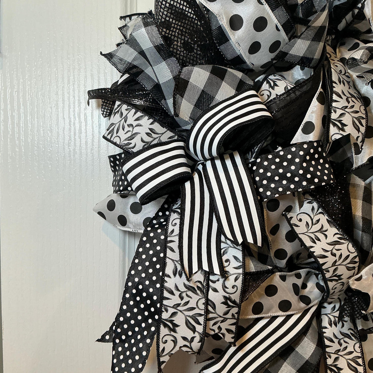 Polka Dot Ribbon Wreath, Black White Buffalo Check Farmhouse Decor, Year Round Front Door Wreath, Modern Handmade Gift
