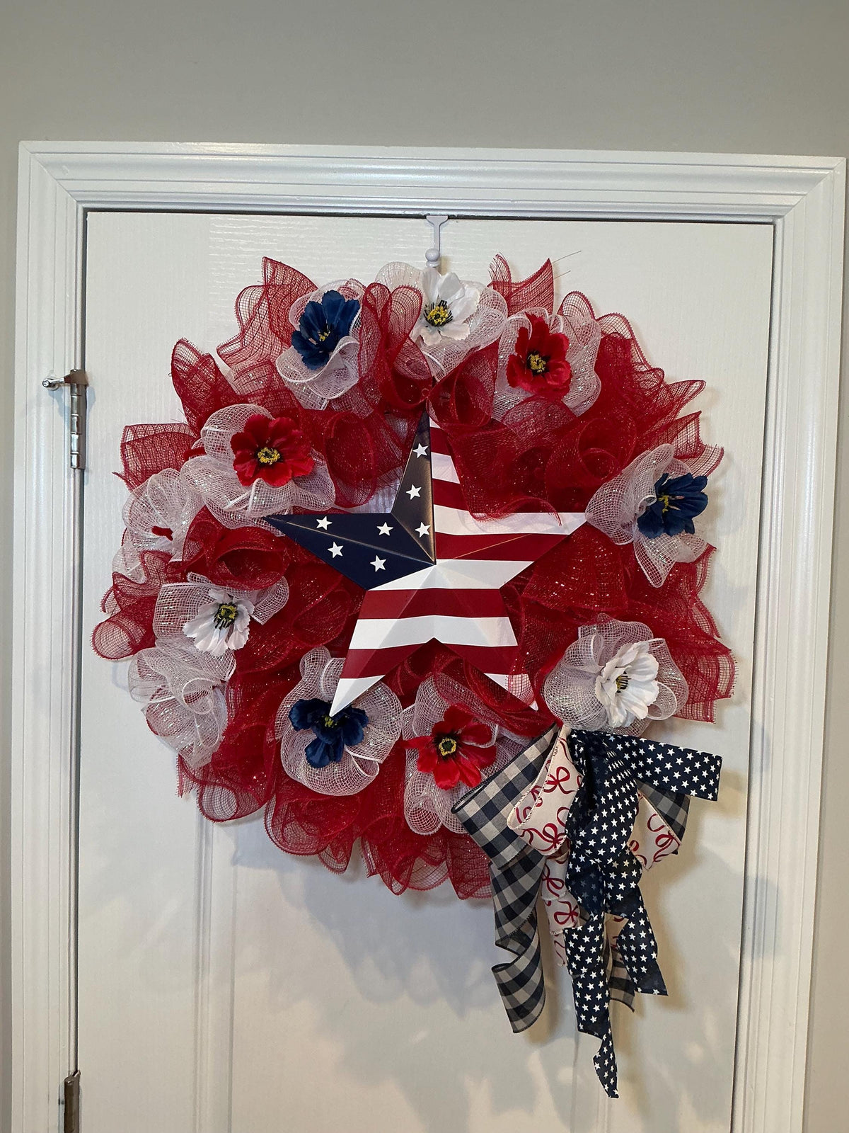 Red White Blue Star Wreath, Fourth of July Front Door Decor, American Flag Deco Wreath, Patriotic Star Sign, Handmade NC