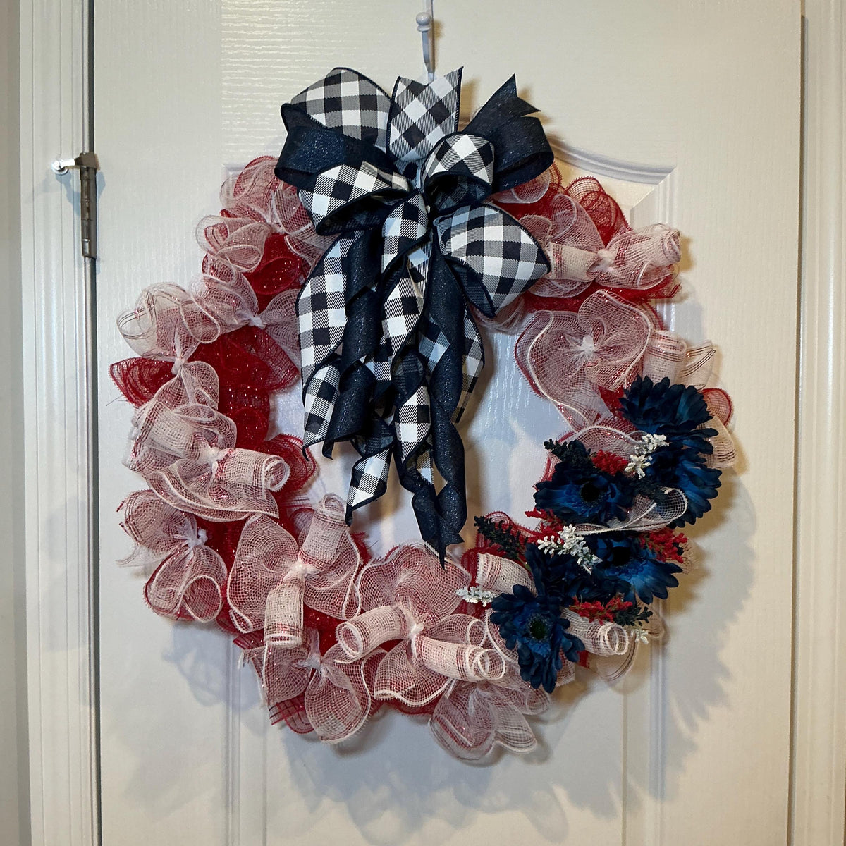 Buffalo Check Bow Wreath, Navy Daisy Red White Blue Deco Mesh, Fourth of July Americana Decor