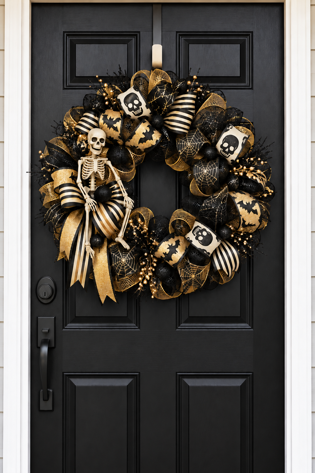 Black and Gold Skeleton Halloween Wreath on matte black front door AI mockup