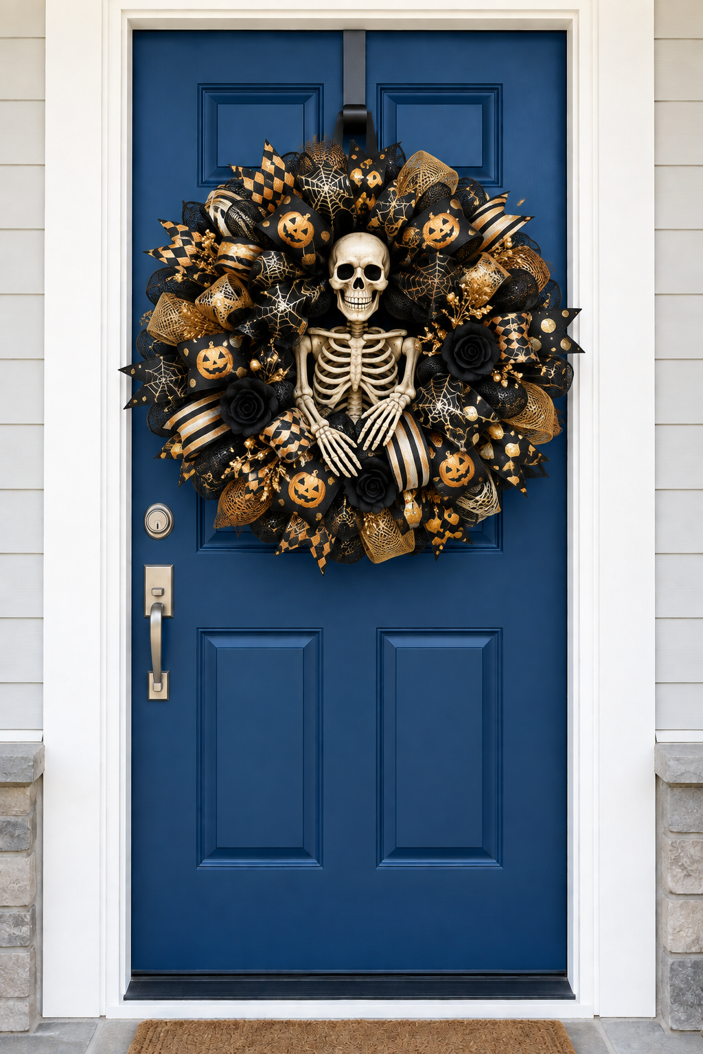 Black and Gold Skeleton Halloween Wreath on navy blue front door AI mockup