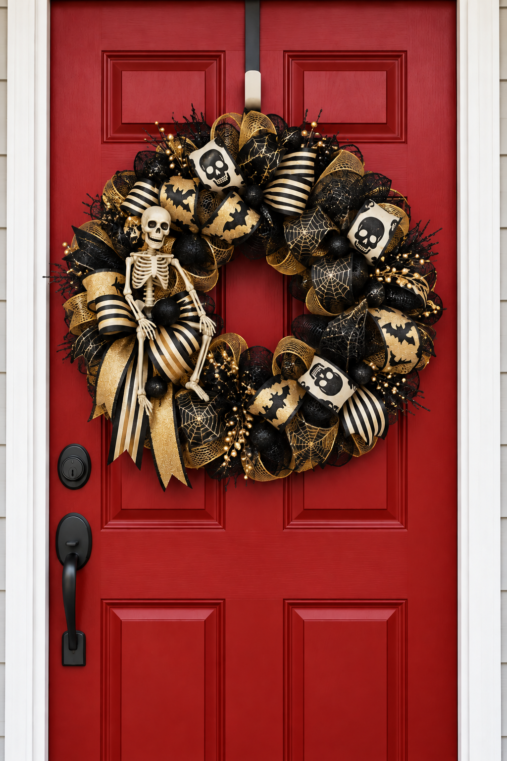 Black and Gold Skeleton Halloween Wreath on red front door AI mockup