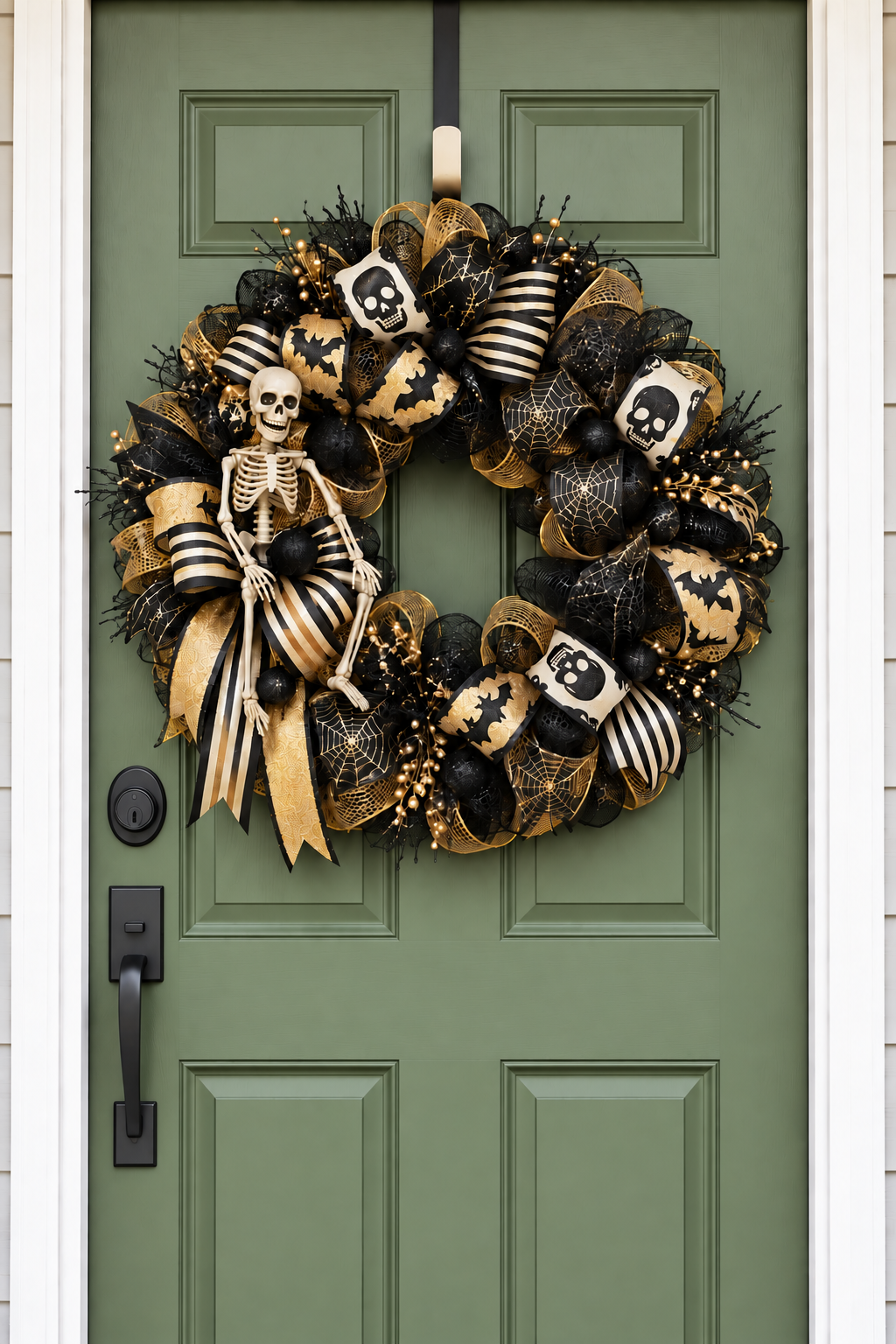 Black and Gold Skeleton Halloween Wreath on sage green front door AI mockup