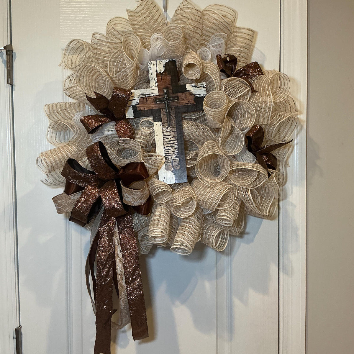 Brown Cream Cross Wreath, Rustic Farmhouse Faith Decor, Religious Christian Church Entryway Sign