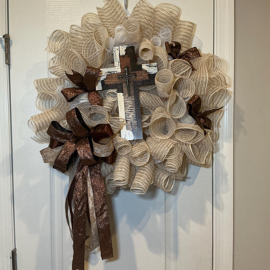 Brown Cream Cross Wreath, Rustic Farmhouse Faith Decor, Religious Christian Church Entryway Sign