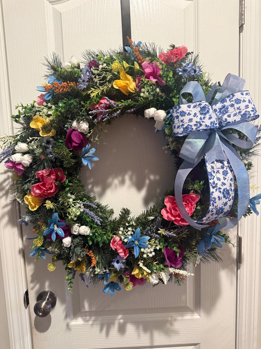 Handmade Wildflower Wreath, Colorful Floral Farmhouse Door Decor, Year Round Cottage Garden Accent