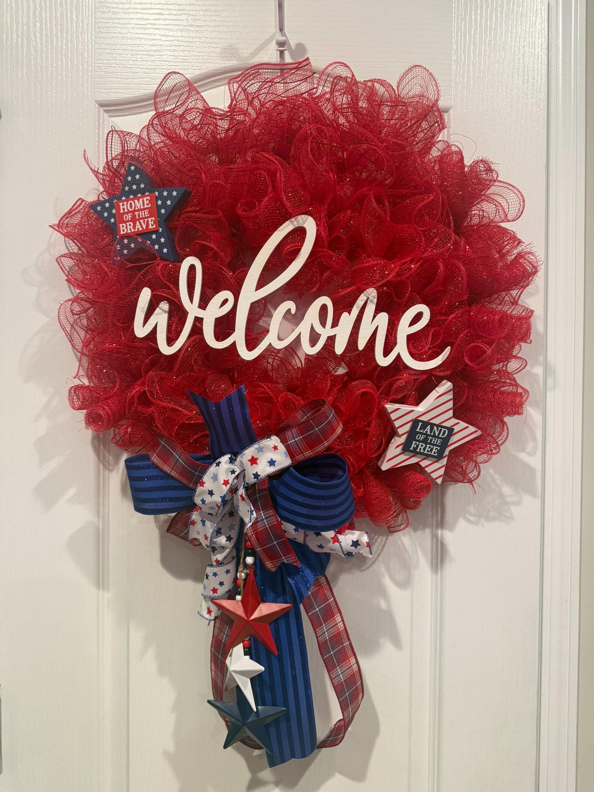 Deco Mesh Welcome Wreath, Home of the Brave Star Decor, Red White Blue Front Door, Land of the Free, Fourth of July Handmade NC