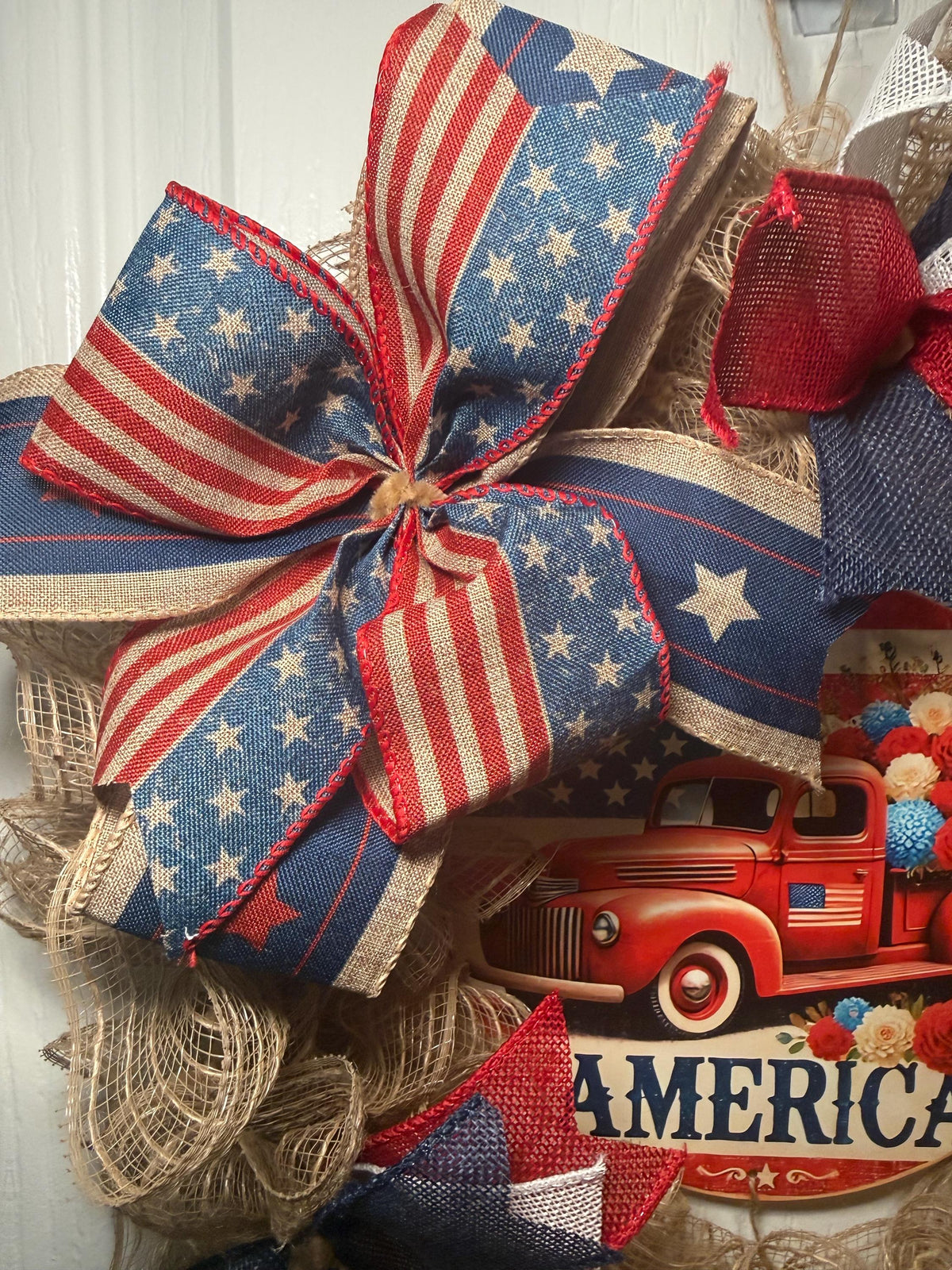 Burlap Red Truck Wreath, Americana Farmhouse Decor, Fourth of July Floral Accent