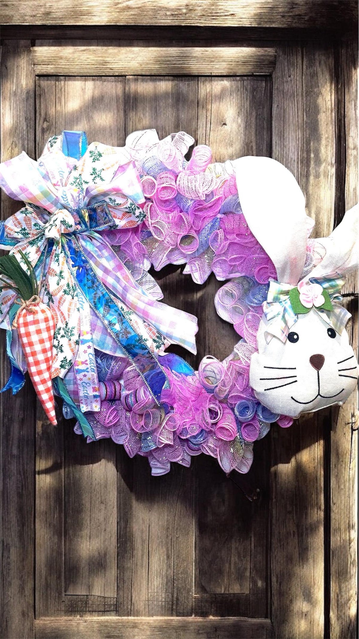 Pastel Easter Bunny Wreath, Gingham Carrot, Spring Door Decor