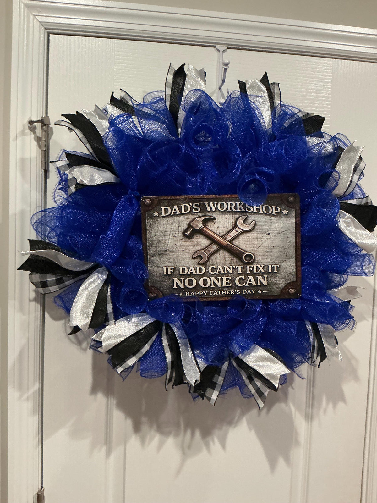 Dad’s Workshop Father’s Day Wreath, If Dad Can’t Fix It No One Can, Man Cave Door Decor, Handmade Gift for Him