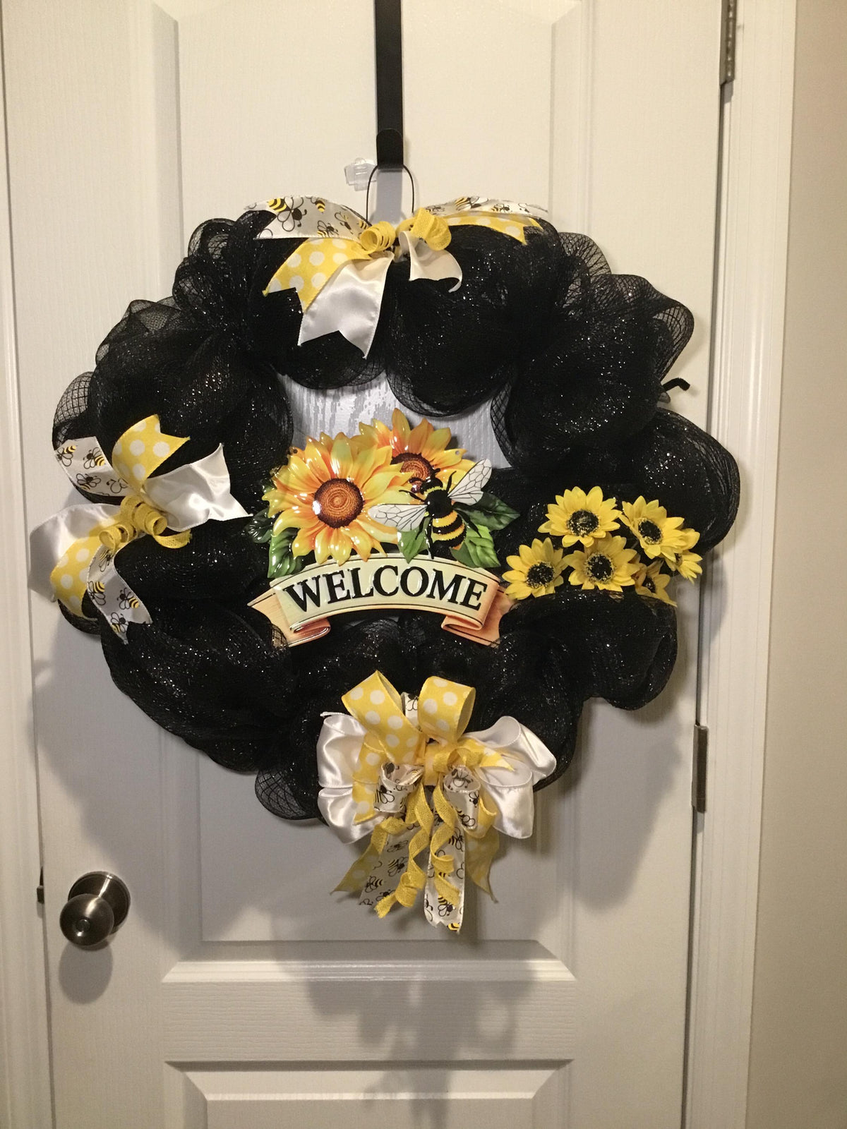 Sunflower Bee Welcome Wreath, Black Deco Mesh Front Door, Bee Decor, Welcome Sign” black mesh, sunflowers, yellow/white bows.