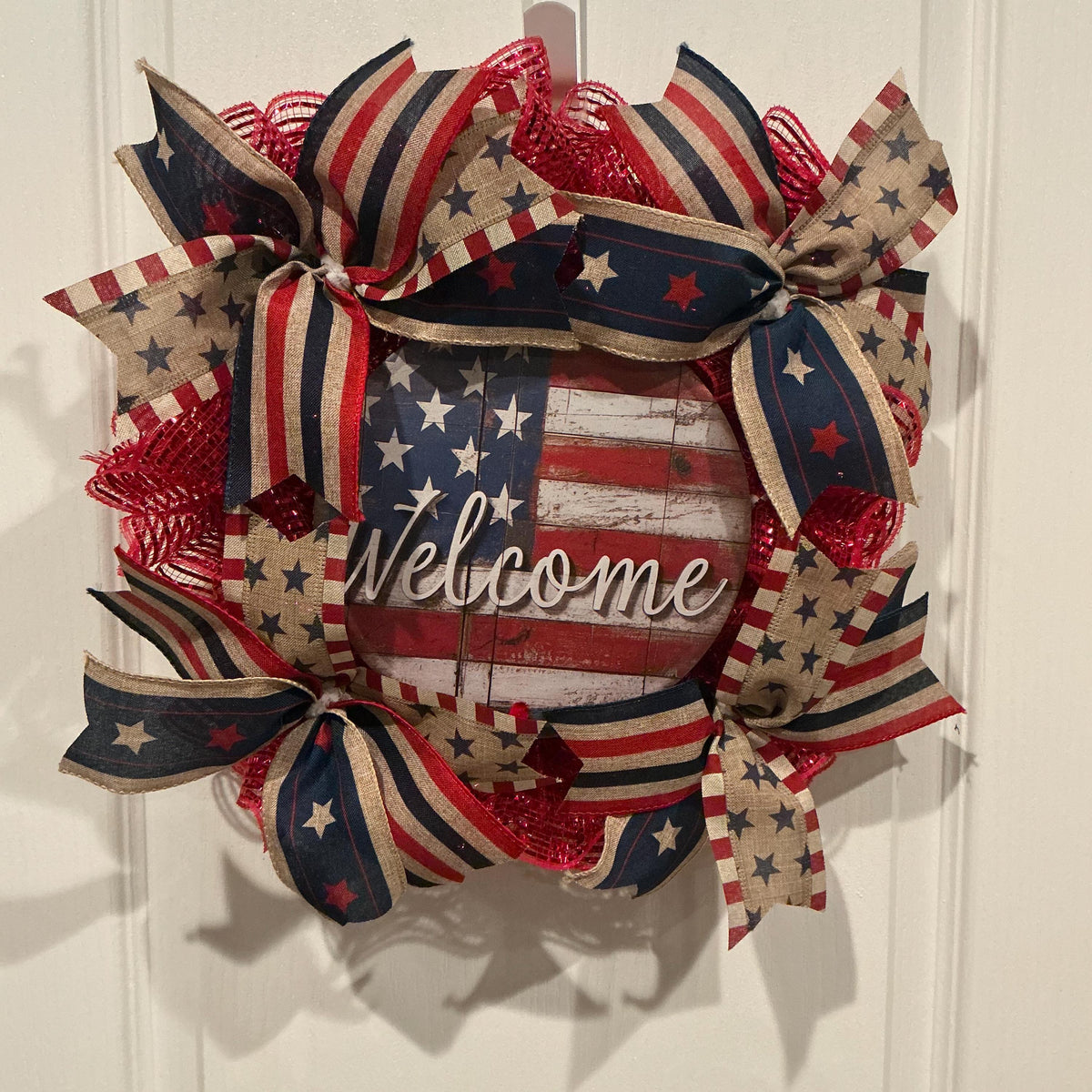Americana Front Door Wreath, Fourth of July Decor, American Flag Welcome Sign, Rustic Farmhouse, Red White Blue, Memorial Day, Handmade