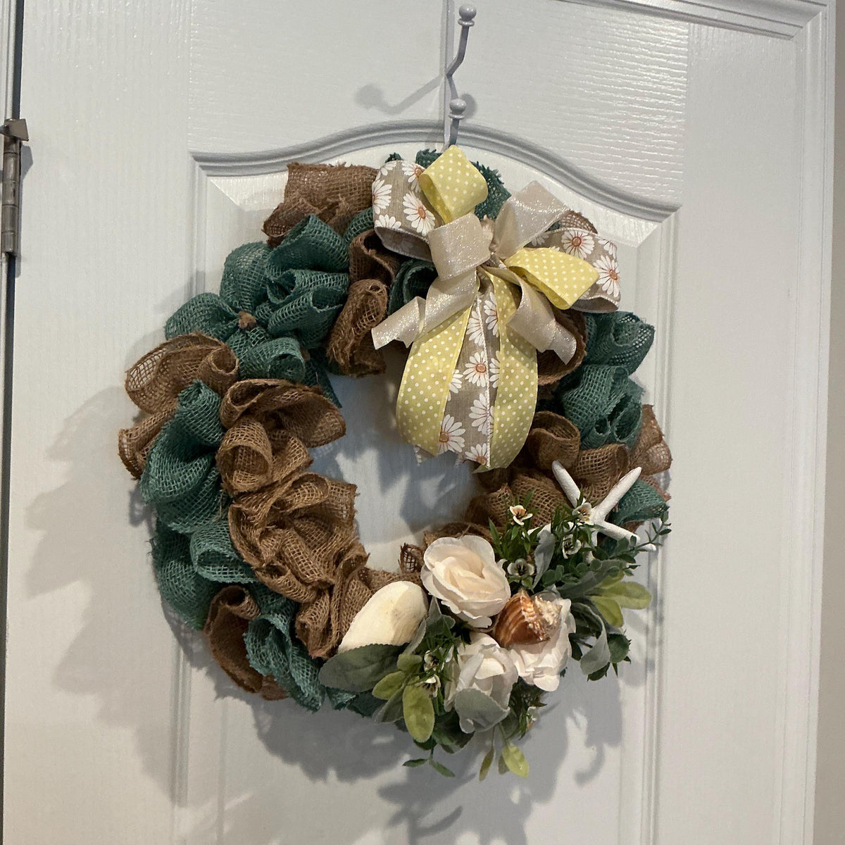 Teal and Natural Burlap, Coastal Burlap Wreath, Seashell Starfish Wreath, Beach Door Wreath, Farmhouse Wreath, 14 Inch