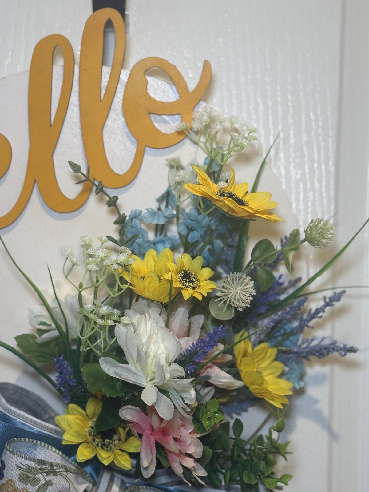 Blue Yellow White Hello Spring Floral Wreath with Handmade Bow, Front Door Decor
