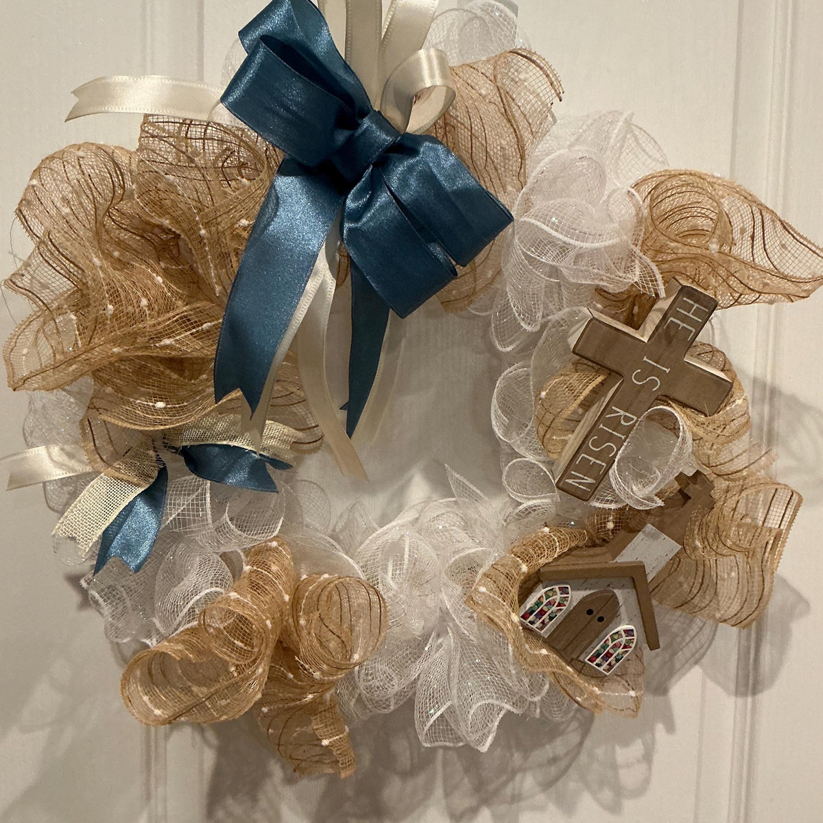14 Inch Blue Ribbon Cross Wreath with Buffalo Check Bow, Christian Front Door Decor