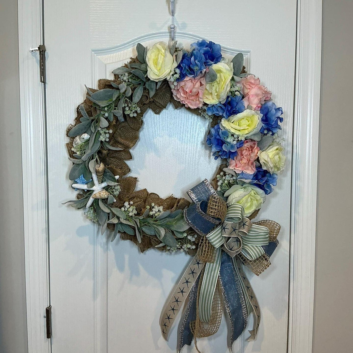 Burlap Hydrangea Coastal Wreath with Seashells, Starfish and Lambs Ear, Front Door Decor