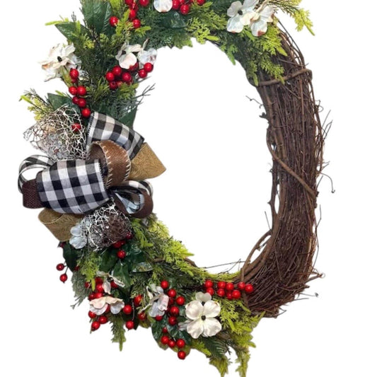 Farmhouse Grapevine Wreath, Red Berry Dogwood Blossom, Buffalo Plaid Bow Decor