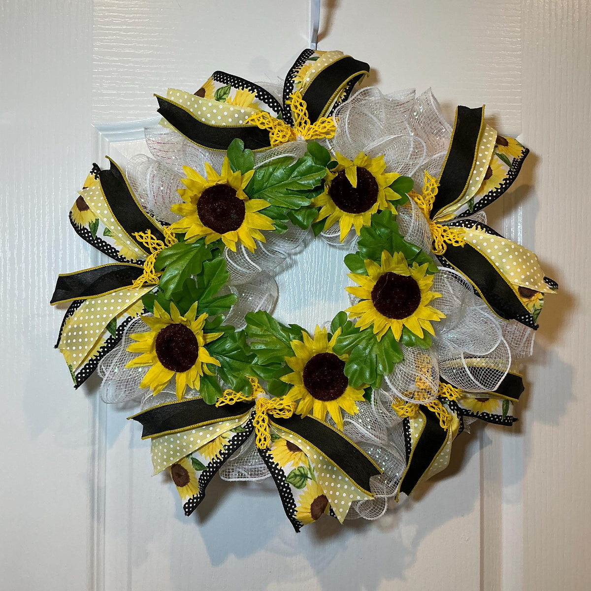 Sunflower Wreath, 12 Inch Black Yellow Polka Dot Bow on White Mesh