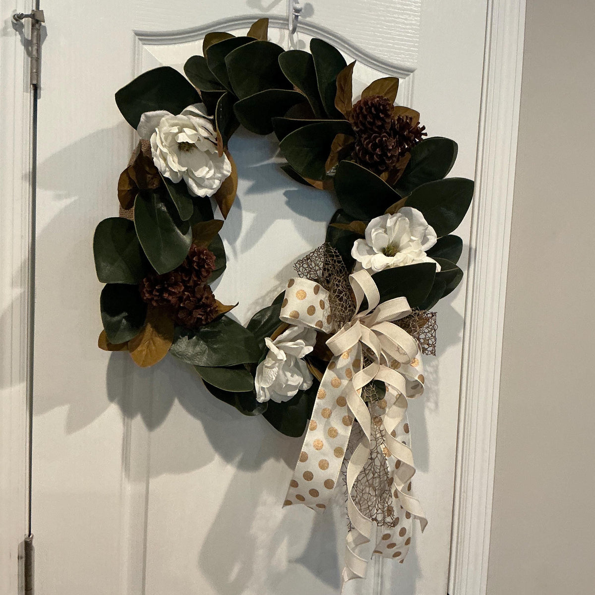 Magnolia Farmhouse Wreath, Everyday Front Door Decor, White Floral Pinecone Wreath, Rustic Year Round Accent, 18 Inch Door Wreath