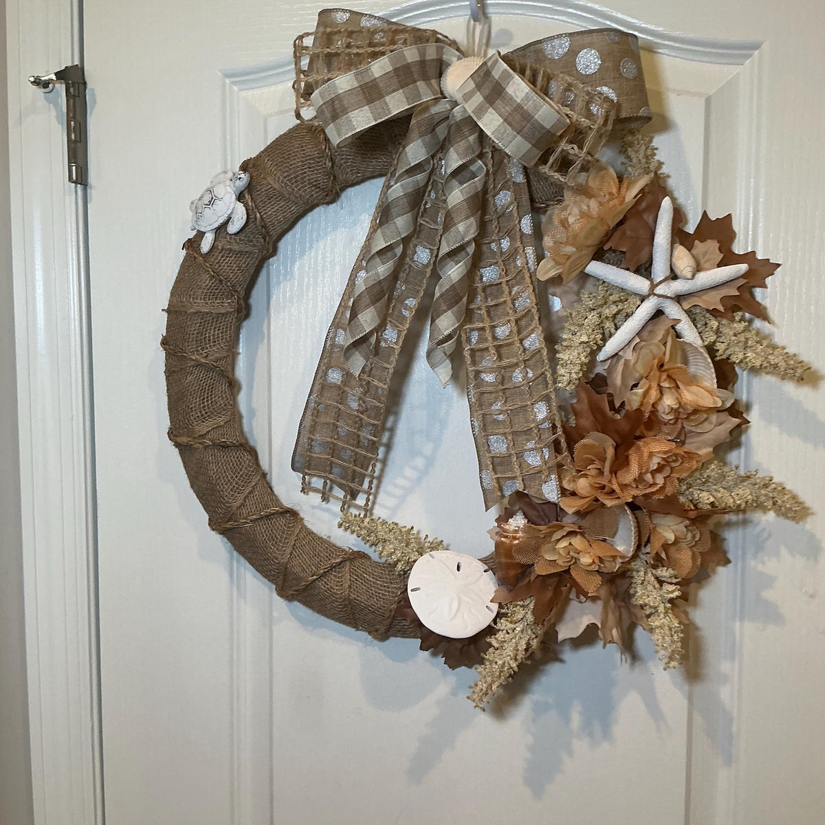 Coastal Fall Burlap Wreath, 18 Inch Sand Dollar Starfish Turtle and Autumn Leaves
