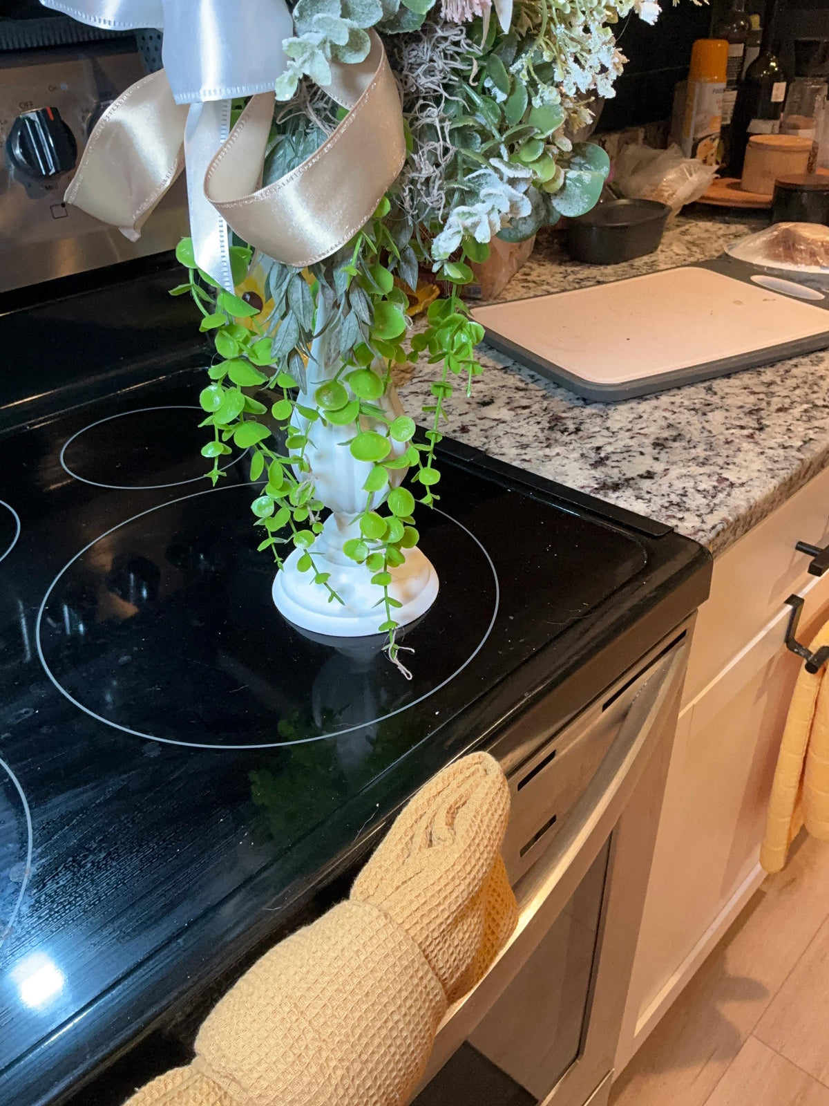 Floral Pedestal Arrangement, Cream Dahlias, Eucalyptus, Trailing Vine, Champagne Bow
