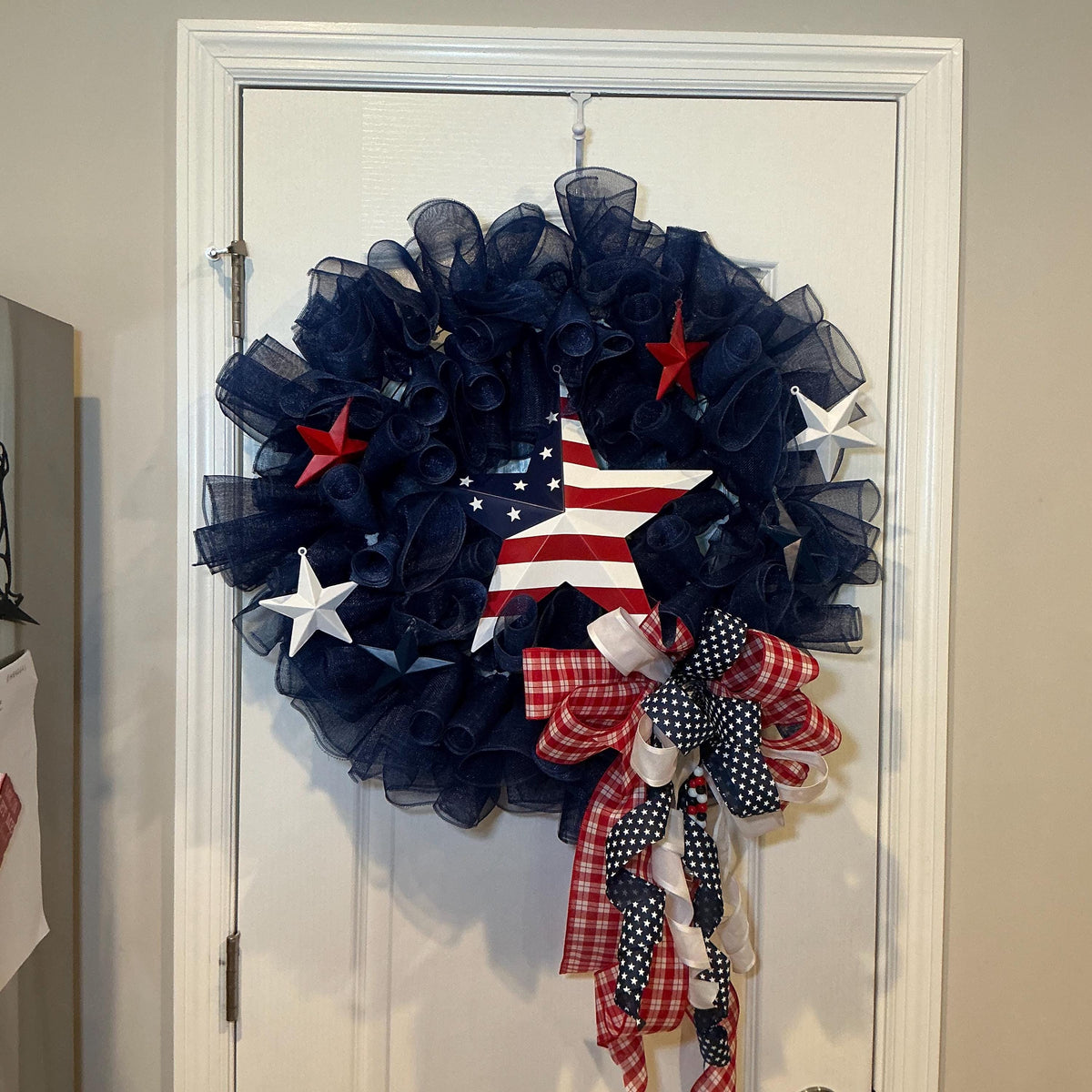 Navy Blue Americana Wreath, 4th of July Wreath for Front Door, Flag Star Sign, Metal Stars, Red Gingham Bow