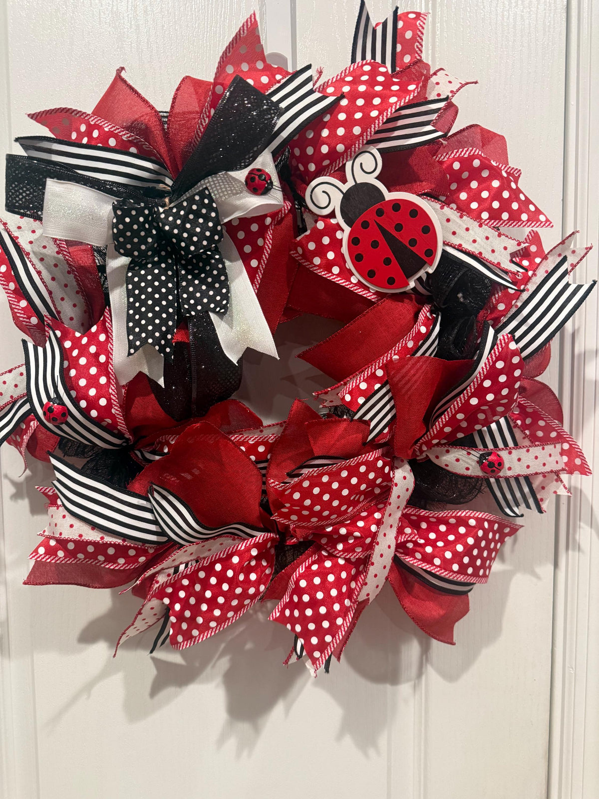 Handmade Ladybug Wreath, Red Black White Polka Dot Ribbon Door Decor, Wooden Ladybug Sign, Spring Summer Farmhouse Wreath, Entryway Gift"