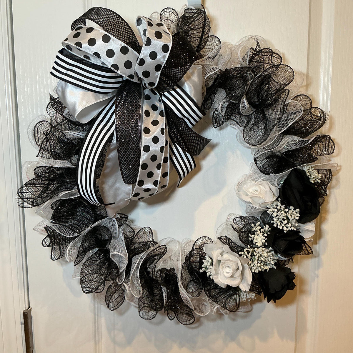 Black White Storm Door Wreath with White Roses and Polka Dot Bow, 18 Inch