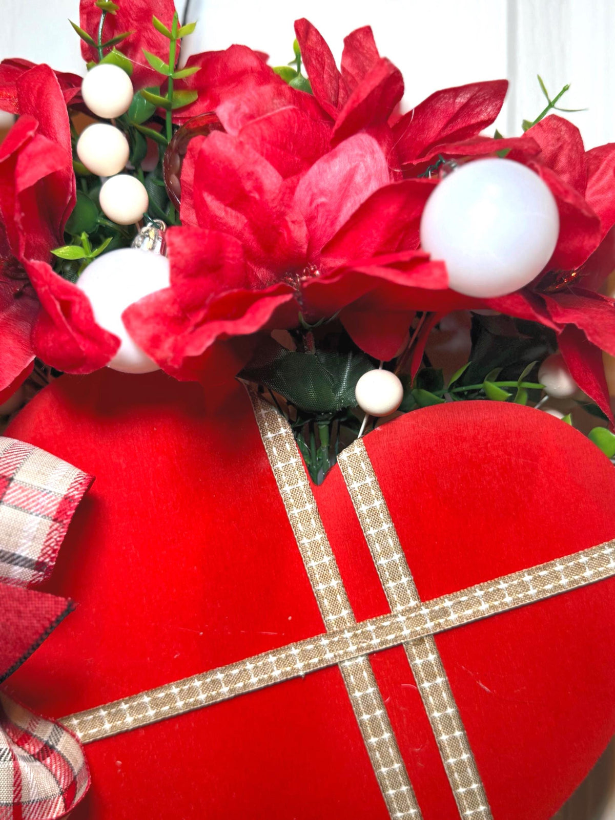 Farmhouse Valentine Heart Wreath, Red Plaid Bow, Berry Accents