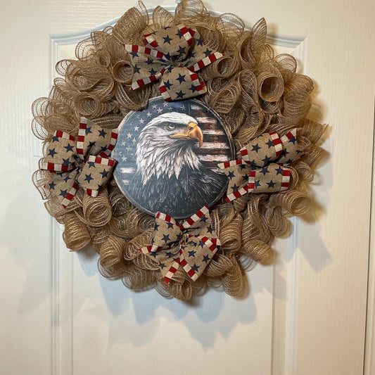 Eagle Portrait Medallion Wreath, Farmhouse Burlap Americana, Fourth of July American Flag Decor