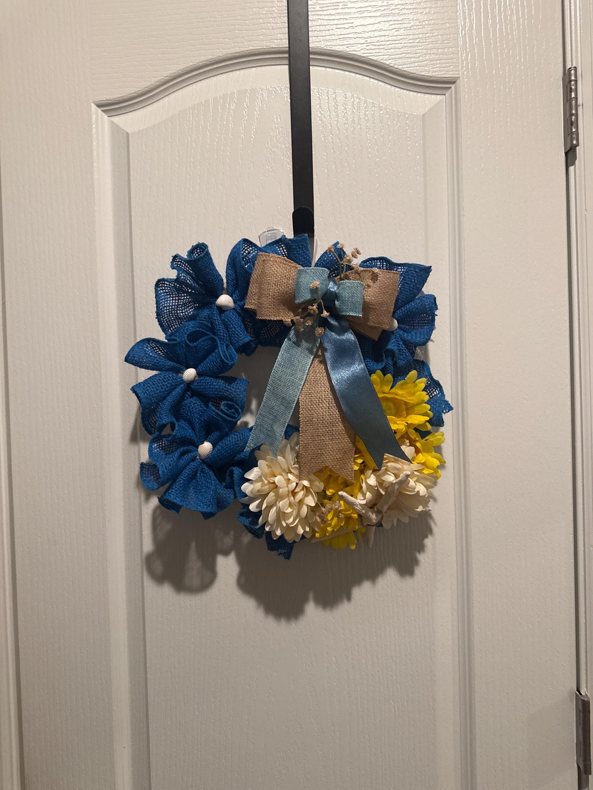 Blue Burlap Coastal Wreath, Starfish Shell Door Hanger, Nautical Beach Home Decor, Handmade  Wreath