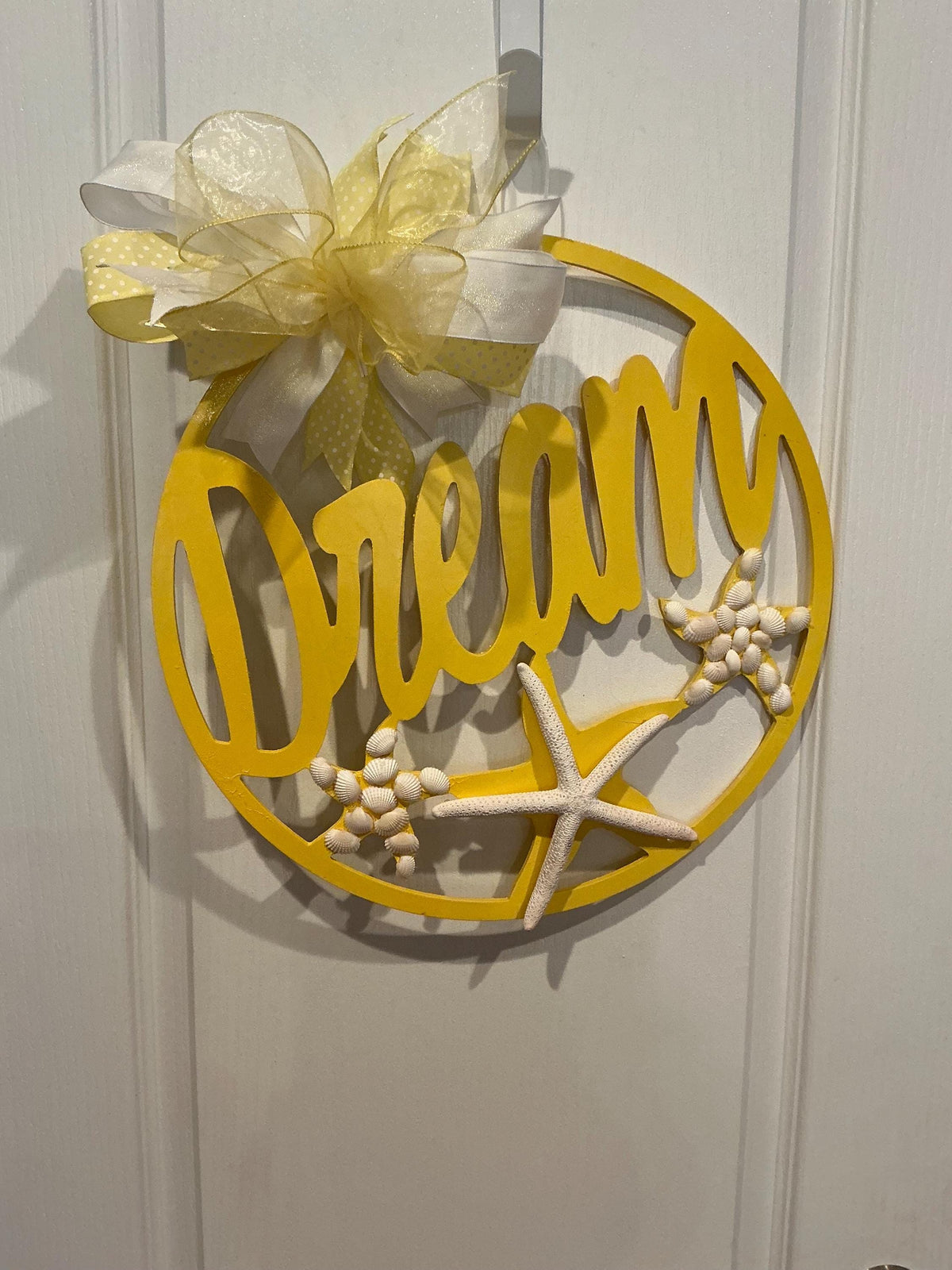 Yellow Wood Door Hanger, Coastal Beach Decor, Starfish Shell Summer Sign