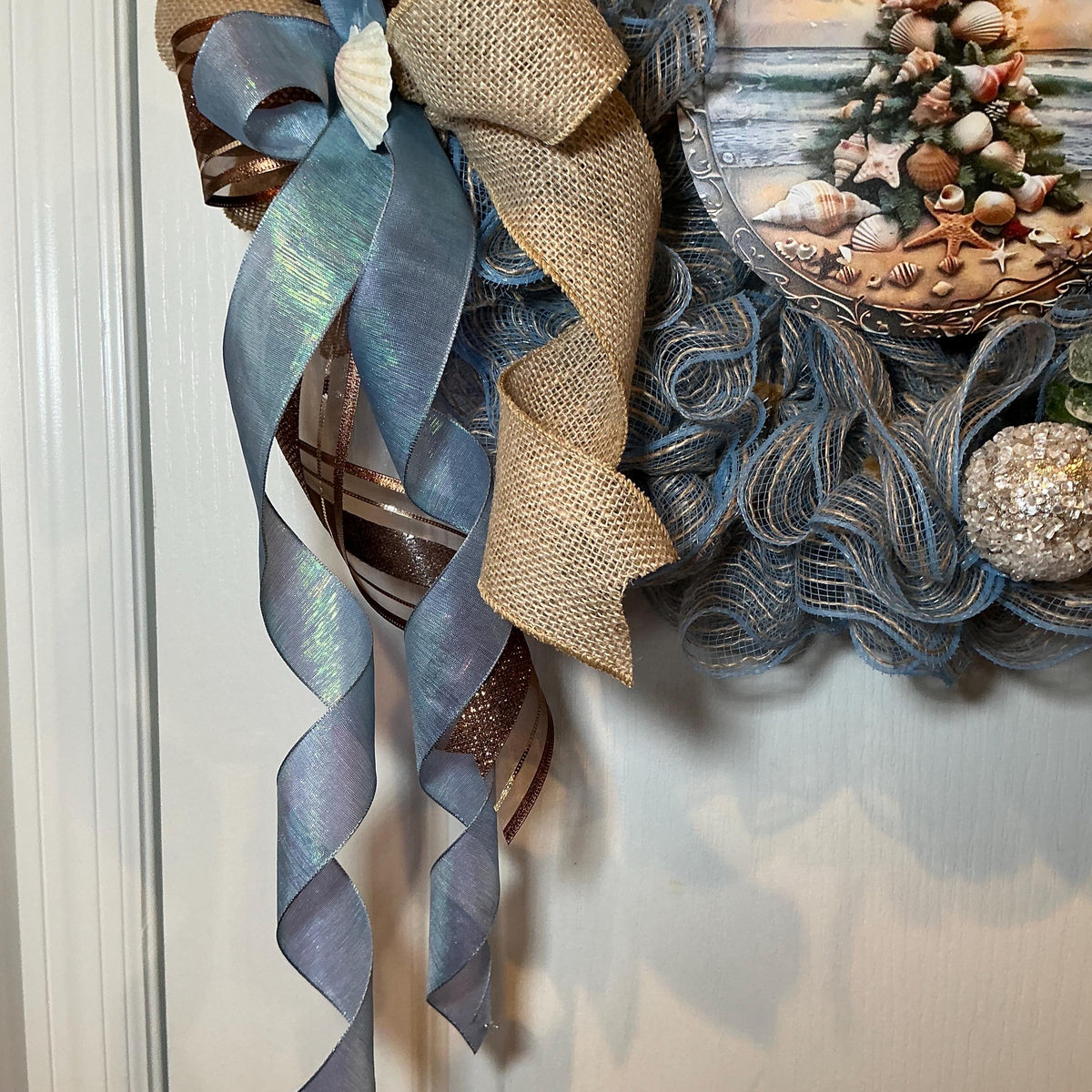 14 Inch Coastal Christmas Wreath with Nautical Seashell Tree, Blue Gold Beach Decor