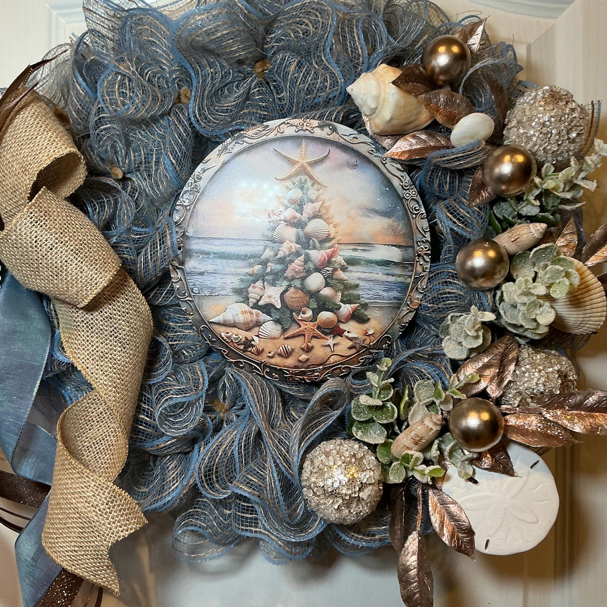 14 Inch Coastal Christmas Wreath with Nautical Seashell Tree, Blue Gold Beach Decor