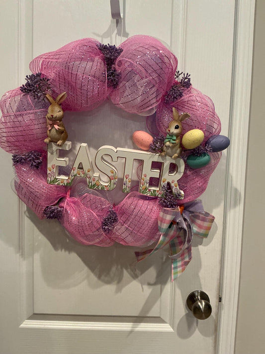 Pink Easter Wreath with Bunnies and Eggs – Farmhouse Spring Door Decor